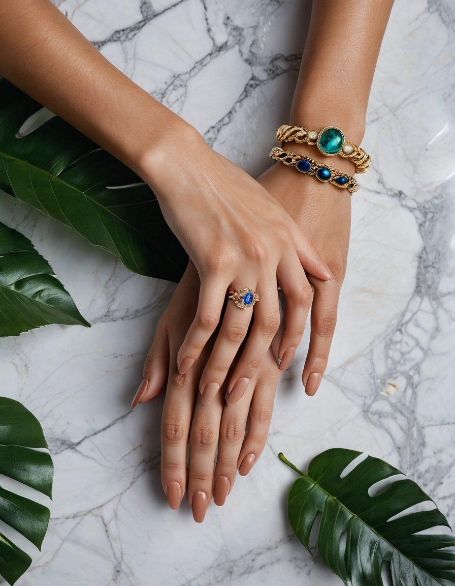 A collection of elegant and stylish handwear displayed artistically on a marble surface, including rings, bracelets, and gloves. Soft, ambient lighting highlights the intricate designs and textures, with a backdrop of lush greenery for a touch of nature. Incorporate diverse skin tones to represent inclusivity in handwear fashion. super-realistic. vibrant colors. natural light.