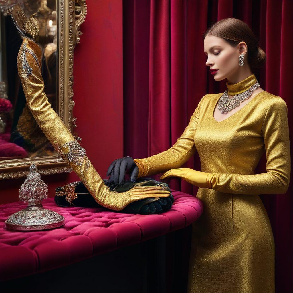 A stylishly arranged display of various luxurious gloves in different textures and colors, elegantly positioned on a velvet surface. The background features a chic boutique atmosphere with soft lighting, and a mannequin showcasing a fashionable outfit that complements the gloves. Include elements of sophistication like golden jewelry and a mirrored wall contrasting with the gloves. super-realistic. vibrant colors. elegant backdrop.